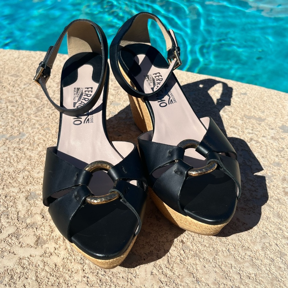 Black Salvatore Ferragamo Duccia wedge sandals size 9.5